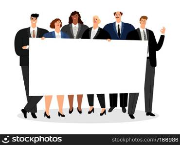 Business people holding blank banner on white. vector illustration. Business people holding blank banner