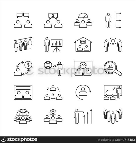Business people icons. Office teamwork group, team brainstorm or work presentation and business partners. Collaborate research or leader support thin silhouette symbols. Isolated line icon vector set. Business people icons. Office teamwork group, team brainstorm or work presentation and business partners isolated line icon vector set