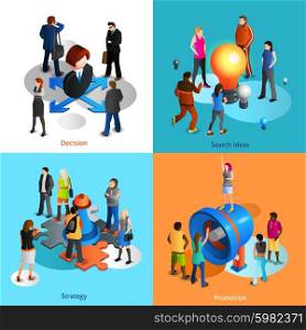 Business People Icons Set. Business people isometric icons set with decision search ideas strategy and promotion symbols isolated vector illustration