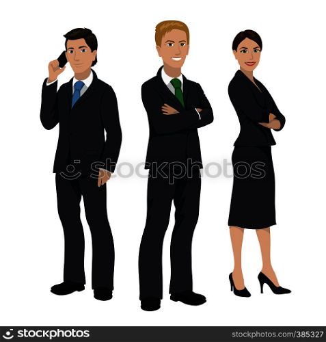 Business people illustration, three persons in official suits, isolated on white. Business people illustration