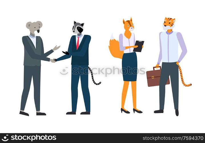Business people in animal masks and expensive suits shaking hands. Businessman with koala face and badger head , woman fox and man tiger with briefcase isolated. Businesspeople in Animal Masks and Expensive Suits