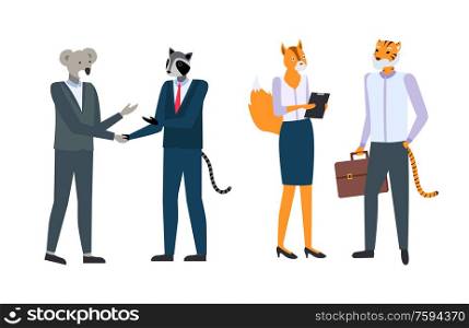 Business people in animal masks and expensive suits shaking hands. Businessman with koala face and badger head , woman fox and man tiger with briefcase isolated. Businesspeople in Animal Masks and Expensive Suits
