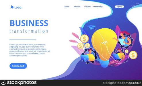 Business people in gears with laptops working and lightbulb. Business trend analysis and choosing business direction concept on white background. Website vibrant violet landing web page template.. Business trend analysis concept landing page.