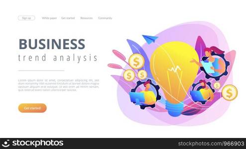 Business people in gears with laptops working and lightbulb. Business trend analysis and choosing business direction concept on white background. Website vibrant violet landing web page template.. Business trend analysis concept landing page.