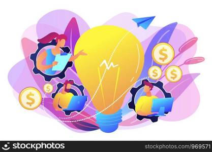 Business people in gears with laptops working and lightbulb. Business trend analysis and choosing business direction concept on white background. Bright vibrant violet vector isolated illustration. Business trend analysis concept vector illustration.