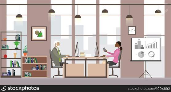 Business people in modern office,Cartoon office manager in the workplace,flat vector illustration. Business people in modern office,Cartoon office manager in the w