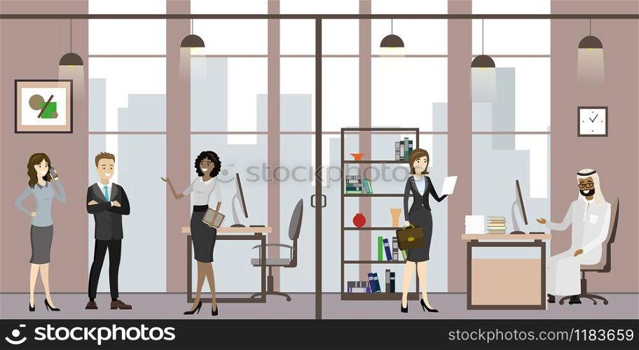Business people in modern office,Cartoon secretary with people and business meeting at office,flat vector illustration. Cartoon secretary with people and business meeting at office