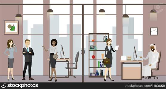 Business people in modern office,Cartoon secretary with people and business meeting at office,flat vector illustration. Cartoon secretary with people and business meeting at office