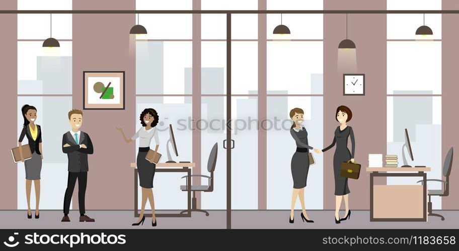 Business people in modern office,Cartoon secretary with waiting people and business meeting at office,flat vector illustration. Business people in modern office,Cartoon secretary with waiting