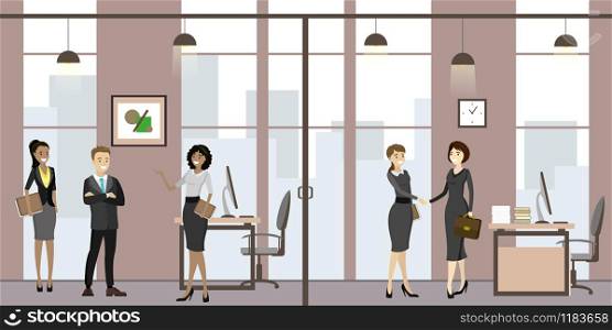 Business people in modern office,Cartoon secretary with waiting people and business meeting at office,flat vector illustration. Business people in modern office,Cartoon secretary with waiting