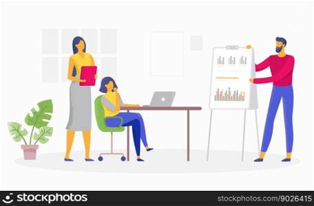 Business people in office, report and presentation. Vector of office presentation, business report teamwork, illustration of discussion character meeting. Business people in office, report and presentation