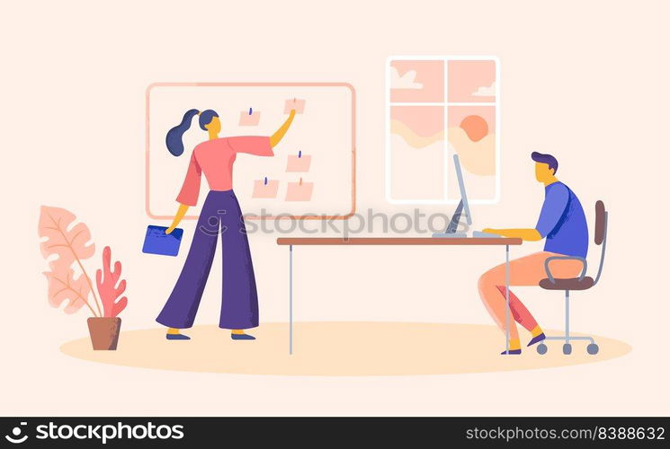 Business people in office, scrum board for tasks. Vector illustration of business office board for work team, scrum plan teamwork project. Business people in office, scrum board for tasks