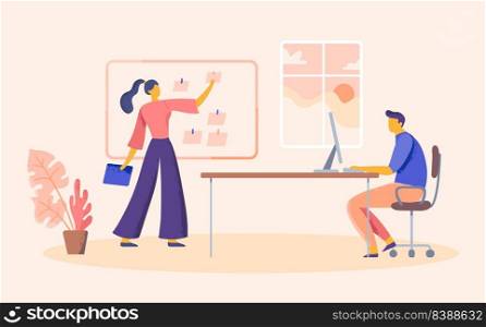 Business people in office, scrum board for tasks. Vector illustration of business office board for work team, scrum plan teamwork project. Business people in office, scrum board for tasks