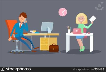 Business people in office working together team vector. Chief executive, people at workplace with laptops and briefcases. Director and secretary woman. Business People in Office Working Together Team