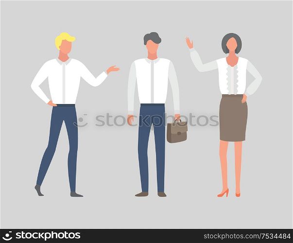 Business people in white shirts, managers in cartoon style. Man with briefcase, woman in skirt, excellent team working together, vector characters isolated. Business People in White Shirts, Cartoon Managers