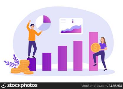 Business people increase financial chart, team work. Vector business growth chart, finance success graph increase illustration. Business people increase financial chart, team work
