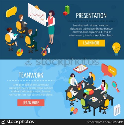 Business people interactive isometric banners set. Business people teamwork and presentation interactive website isometric banners with learn more button abstract isolated vector illustration