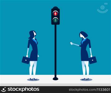 Business people is waiting for green color traffic light. Concept business vector illustration.