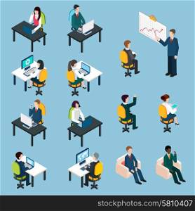 Business people isometric pictograms collection. Business team members at work analyzing sharing presenting and collaborating isometric pictograms set abstract isolated vector illustration