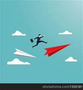 Business people jump over the paper plane. Business symbol, risk, change, level, flat vector illustration