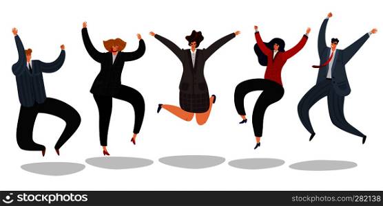 Business people jumping. Excited happy employees jump cartoon motivated team office worker celebrating success winning vector concept. Business people jumping. Excited happy employees jump cartoon motivated team office worker celebrating success winning
