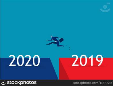 business people jumping from year 2019 to new year 2020. concept