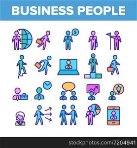 Business People Leader Collection Icons Set Vector Thin Line. Running Man Silhouette And Business Trip, Discussion And Conference Concept Linear Pictograms. Color Contour Illustrations. Business People Leader Collection Icons Color Set Vector