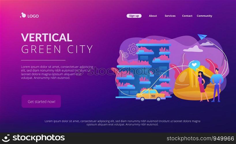 Business people like ecologic building with plants on balconies. Vertical green city, pollution fighting building, space-saving eco solution concept. Website vibrant violet landing web page template.. Vertical green city concept landing page.