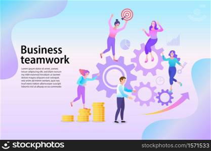 Business people links of mechanism. Business teamwork concept. Abstract background with gears and people are engaged in business promotion. vector flat design.