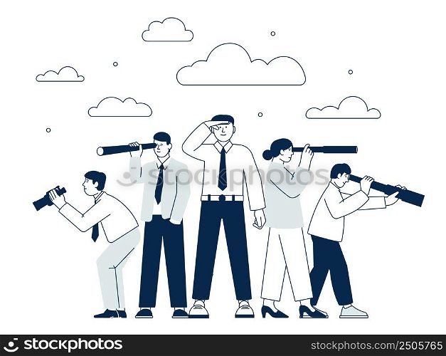 Business people looking in future. Team stand with binocular, search new horizon and research development. Corporate vision recent vector concept. Illustration of business team vision. Business people looking in future. Team stand with binocular, search new horizon and research development. Corporate vision recent vector concept