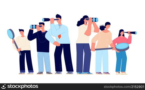 Business people looking success. Corporate person search challenge, man woman with telescope binoculars. Find idea or dream utter vector concept. Business people looking for success. Business people looking success. Corporate person search challenge, man woman with telescope binoculars. Find idea or dream utter vector concept