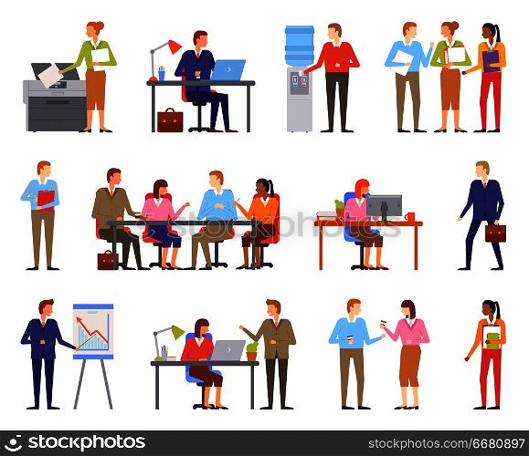 Business people, males and females working in office vector. Woman copying papers for boss, man taking water. Presenter and whiteboard with chart. Business People Males and Females Working Vector