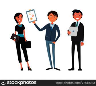 Business people, man and woman planning company strategy vector. Cooperation between businessman boss and businesswoman. Co-workers looking at plan. Business People, Man and Woman Planning Strategy