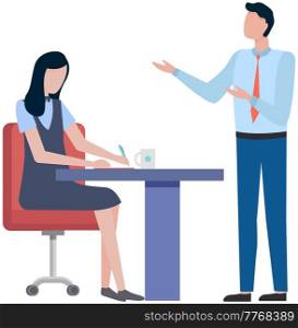 Business people man and woman talking to each other. Businessman standing near girl sitting at table working with document. Communication of colleagues in office. Staff conversation, partners meeting. Business people man and woman talking to each other. Communication of colleagues in office