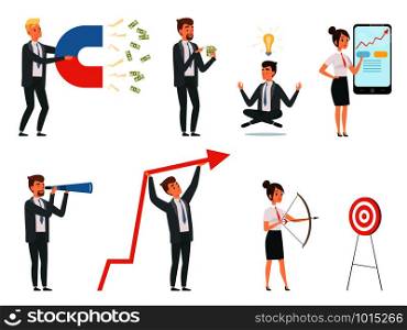 Business people. Managers male and female with tools making deals on their workspaces vector concept characters at work situations. Illustration of people man and woman in business situation. Business people. Managers male and female with tools making deals on their workspaces vector concept characters at work situations
