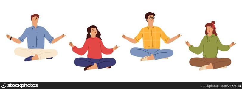 Business people meditation. Happy men women in casual wear meditating. Relaxed office free time. Save balance in life vector. Meditating exercise, fitness lotus lifestyle, meditation illustration. Business people meditation. Happy men women in casual wear meditating. Relaxed concept, office free time. Save balance in life vector characters