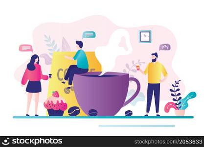 Business people meet at office break. Man and woman holds cups of coffee. Office workers relaxing, talking and drinking coffee. Lunchtime in company. Employees communicate and eat. Vector illustration. Business people meet at office break. Man and woman holds cups of coffee. Office workers relaxing, talking and drinking coffee