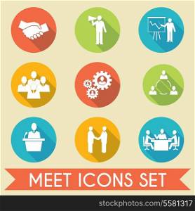 Business people meeting and collaborating strategic concepts pictograms icons set flat isolated vector illustration