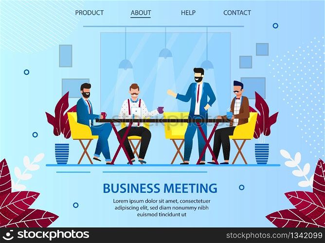 Business People Meeting at Coffee Break in Office. Young Men in Formal Clothing Communicating Sitting at Desk. Employees Characters Having Drinks. Cartoon Flat Vector Illustration. Horizontal Banner.. Business People Meeting at Coffee Break in Office.
