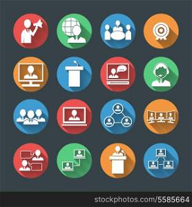 Business people meeting at office online conference presentation icons set isolated vector illustration