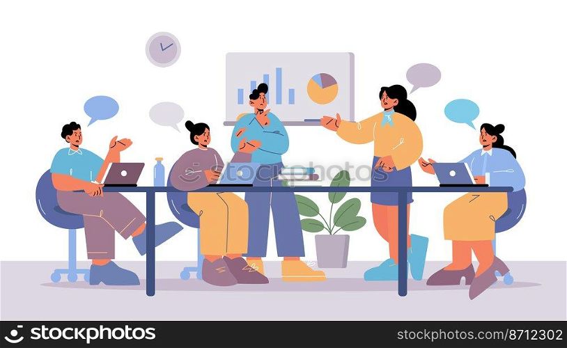 Business people meeting, disputing, discussion in office. Colleagues team with speech bubbles sitting at desk discussing project development plan. Employees communicate, Line art vector illustration. Business people meeting, disputing, discussion