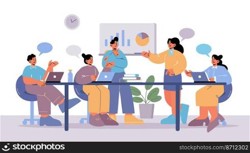 Business people meeting, disputing, discussion in office. Colleagues team with speech bubbles sitting at desk discussing project development plan. Employees communicate, Line art vector illustration. Business people meeting, disputing, discussion
