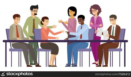 Business people meeting. Managers are talking. Vector flat illustration.