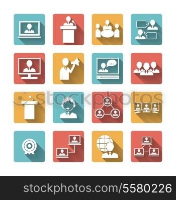 Business people meeting online and offline conference discussion and brainstorming icons set isolated vector illustration