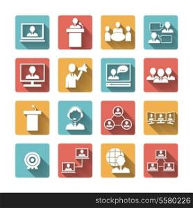 Business people meeting online and offline conference discussion and brainstorming icons set isolated vector illustration