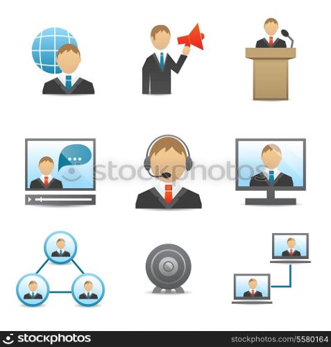 Business people meeting online and offline conference speech and presentation icons set isolated vector illustration