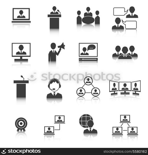 Business people meeting online and offline strategic concepts icons set isolated vector illustration