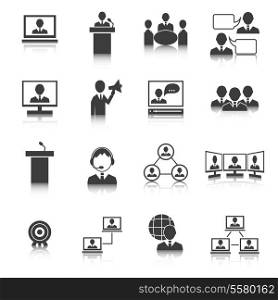Business people meeting online and offline strategic concepts icons set isolated vector illustration
