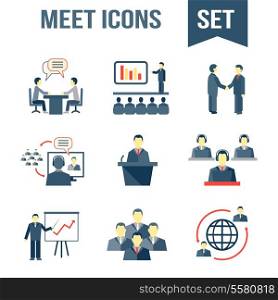 Business people meeting partners online and offline conference and presentation icons set isolated vector illustration