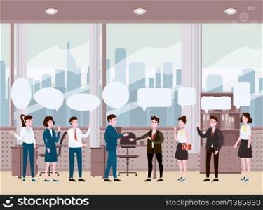 Business people meeting, teamwork or brainstorming interior office. Man bosses conduct business negotiations. Business people meeting, teamwork or brainstorming interior office. Man bosses conduct business negotiations speaks before his colleagues with speach bubbles. Vector illustration of a flat cartoon style design